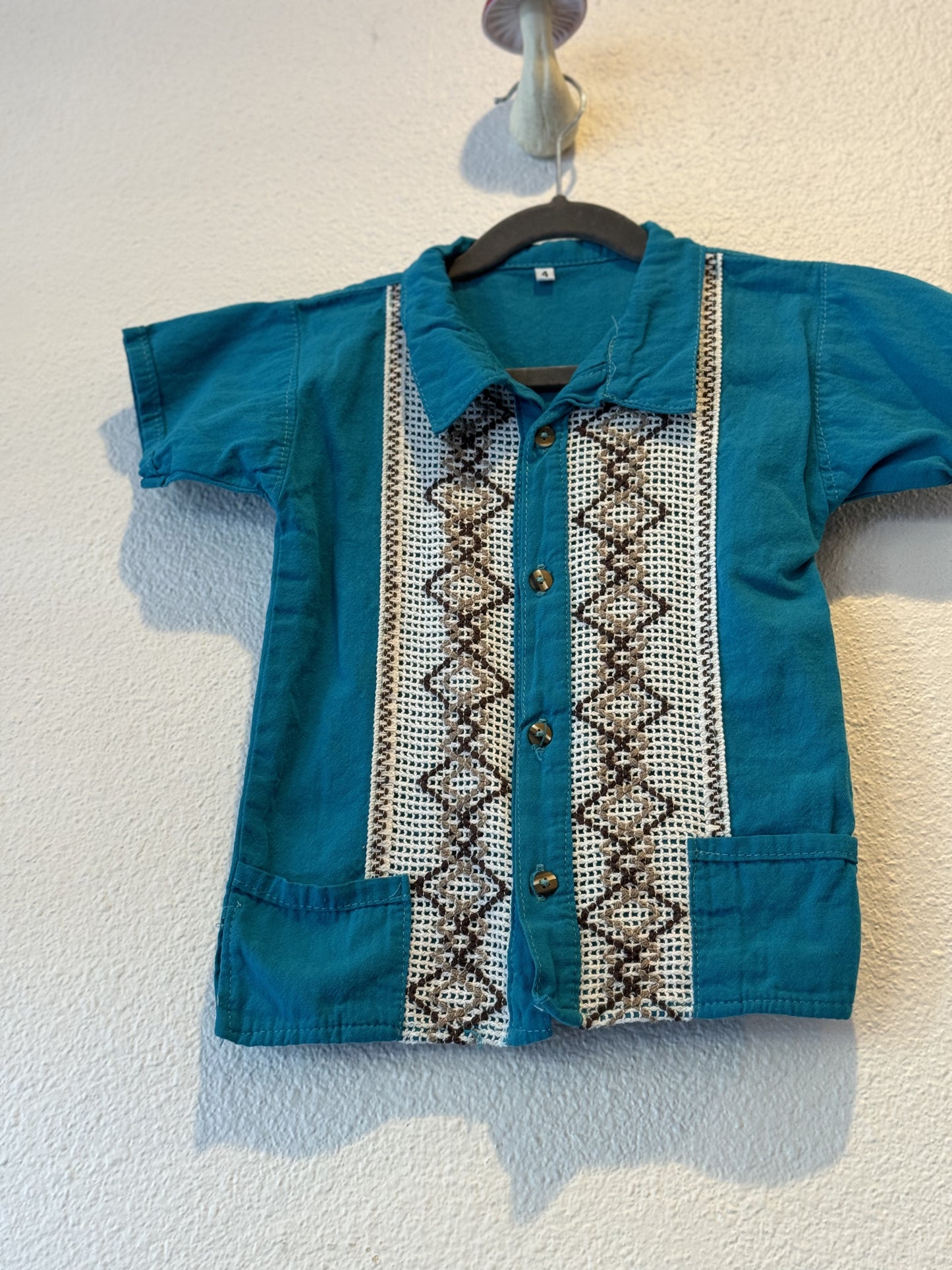 Vintage Teal Guayabera Style Shirt - Size 4 Kids
