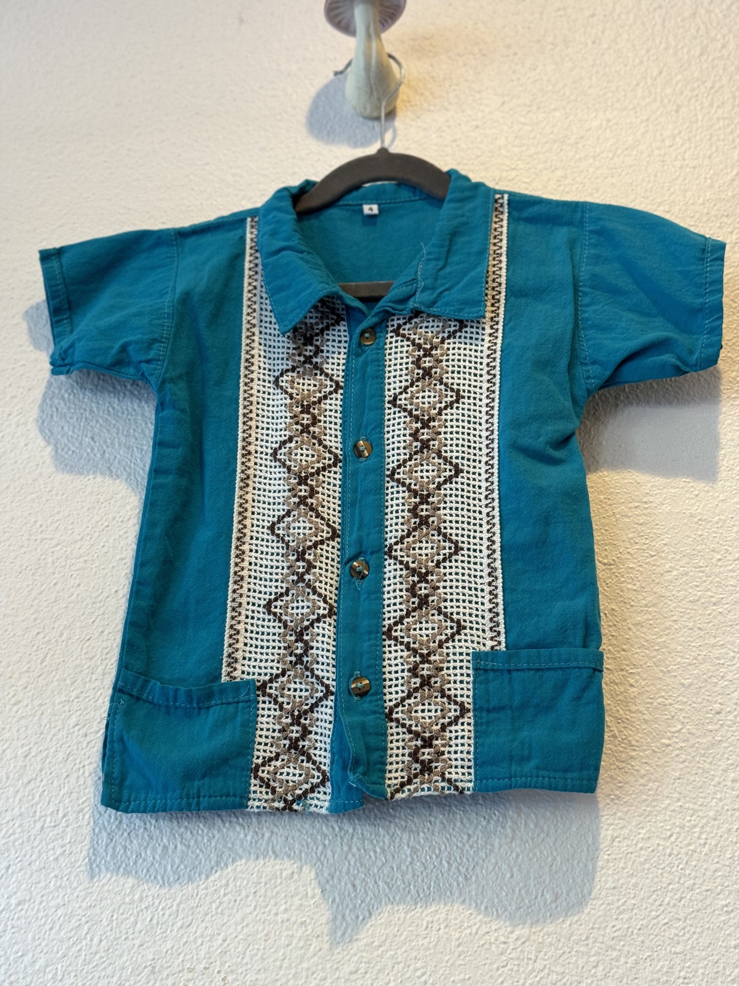 Vintage Teal Guayabera Style Shirt - Size 4 Kids